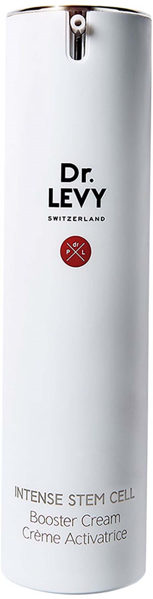 En lång vit flaska med Dr. Levy Intense Stem Cell Booster Cream med svart och röd text och logotyp.