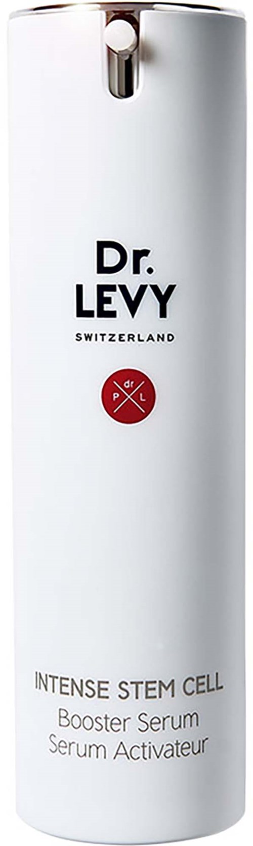 En vit flaska med svart text och en röd logo, märkt Dr. Levy Schweiz, för intensiv stamcellförstärkarserum.