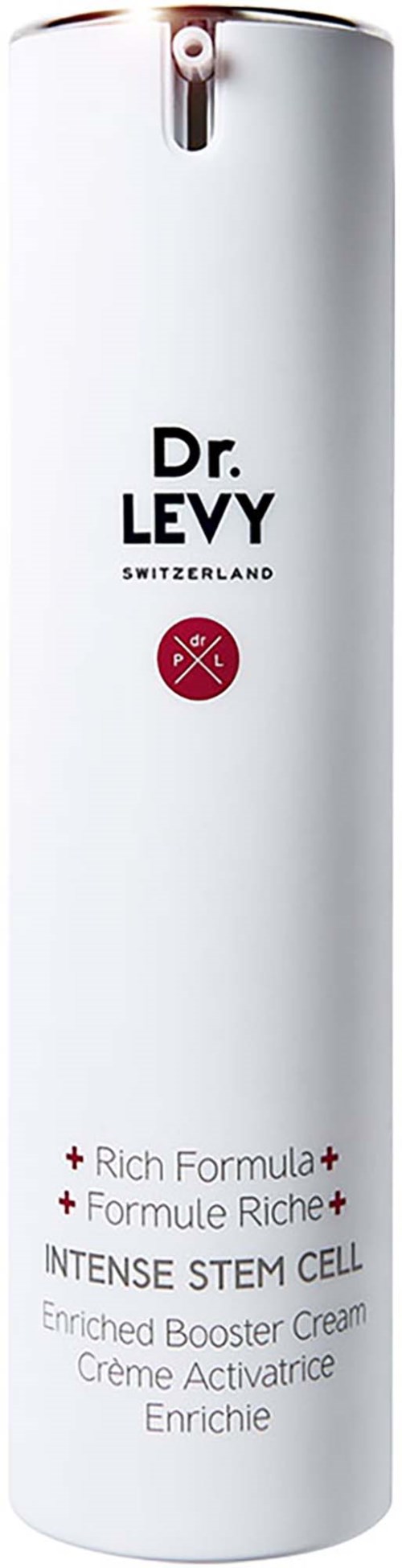 En lång vit flaska med flip-lock, märkt Dr. Levy Schweiz och Intense Stem Cell Berikad Boosterkräm.