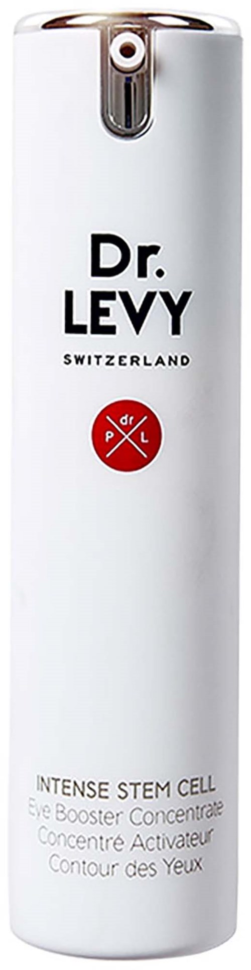 En lång vit flaska med silverlock, märkt Dr. Levy Schweiz, för hudvård eller kosmetika.