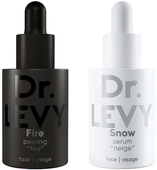 Två ansiktsserumflaskor, svart etikett för Fire peeling och vit etikett för Snow serum, båda med pipettlock.