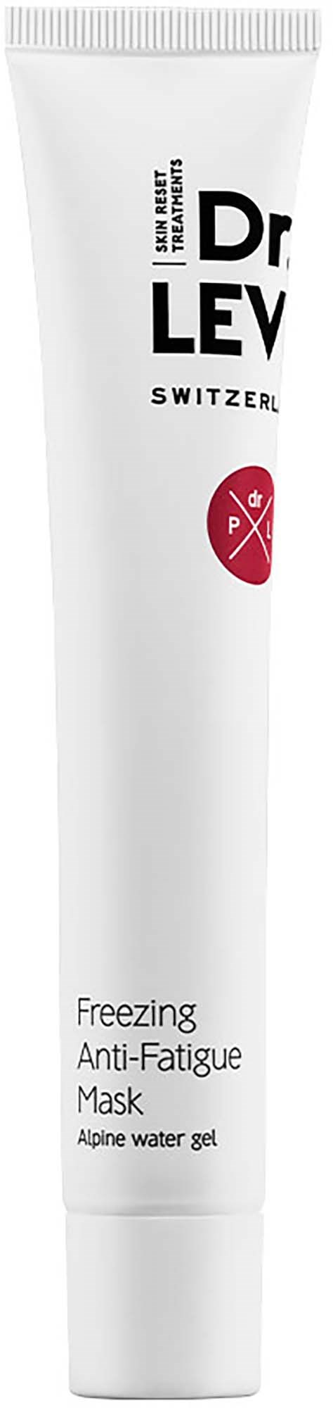 Vit tub från Dr. Levi Swiss med text och logo i rött och svart, föranti-trötthetsmask.