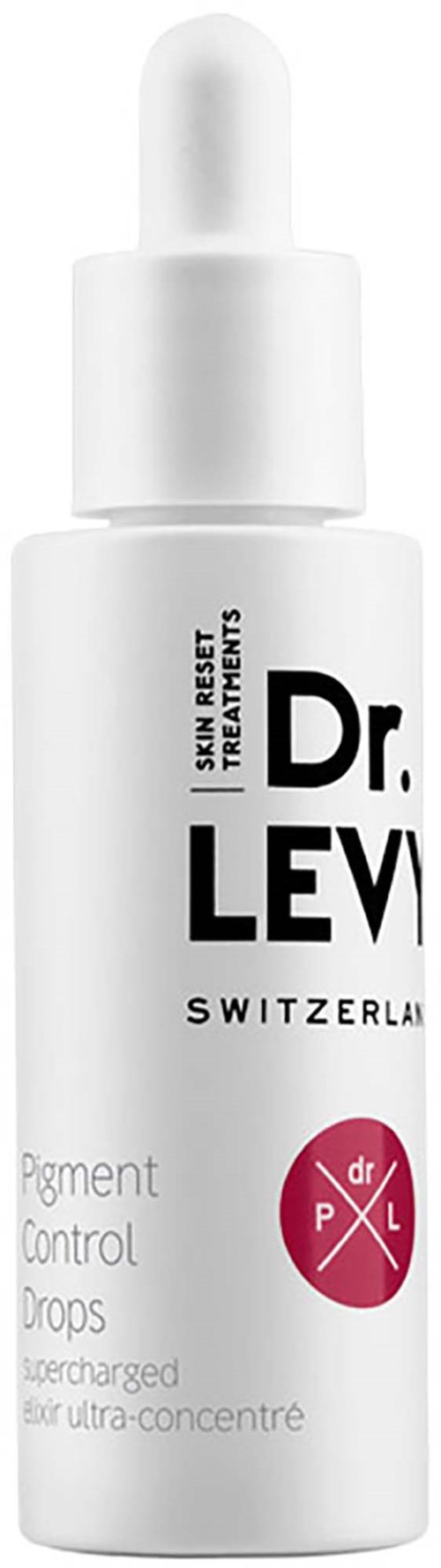 En vit flaska med droppkork märkt Dr. Levin Skin Reset Treatment och pigmentkontrolldroppar.