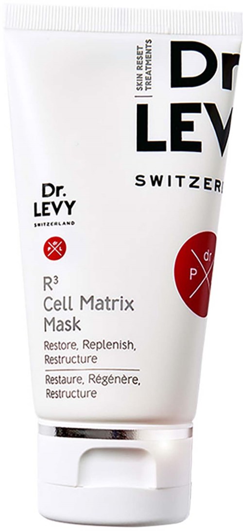 En vit tub med Dr. Levy R3 Cell Matrix Mask med svart och röd text, och en röd cirkulär logga.