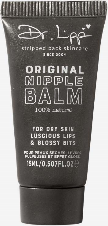 Mustan putiikki, jossa on valkoinen teksti, sisältää Dr. Lipp nipple balm -rasvaa, joka sopii kuivalle iholle, huulille ja kiiltävälle.