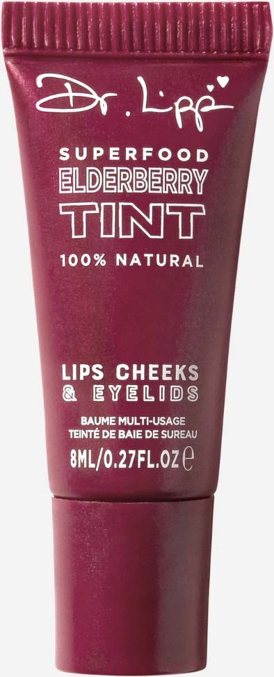 Mała tubka z napisem 'Elderberry TINT' do ust, naturalny, na policzki i powieki, w czerwonym opakowaniu.