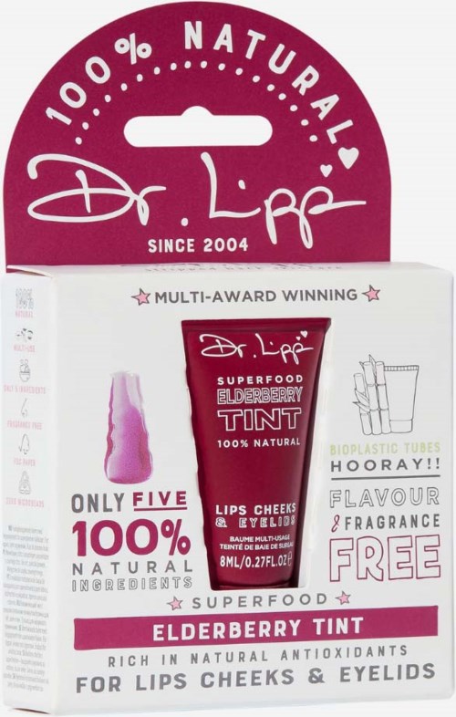 Zestaw Dr. Lipp Elderberry Tint o kolorze magenta i białym, podkreśla naturalne składniki, smak oraz darmowe bioplastowe tubki.