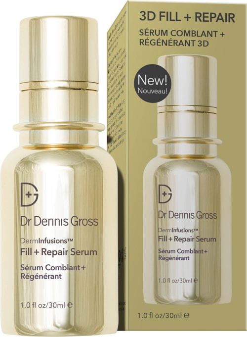 A gold-colored bottle and box for Dr. Dennis Gross serum, labeled as a 3D fill and repair treatment.