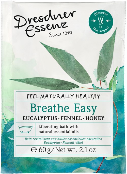 Eine Verpackung für Badezusatz oder Öl mit Blättern und Wasserfarben, etiketti "Feel Naturally Healthy" und "Breathe Easy".