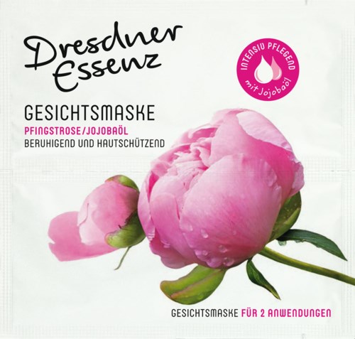 Emballasjen viser rosa peoner, nevner ansiktsmaske med jojobaolje, og indikerer bruk for to ganger.