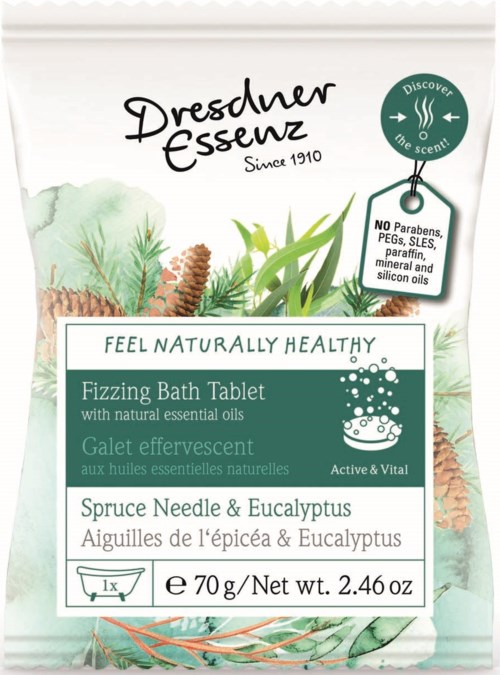 Dresdner Essenz bubblande badtablet med eukalyptus och naturliga oljor, utan parabener eller mineralolja, 70 gram.
