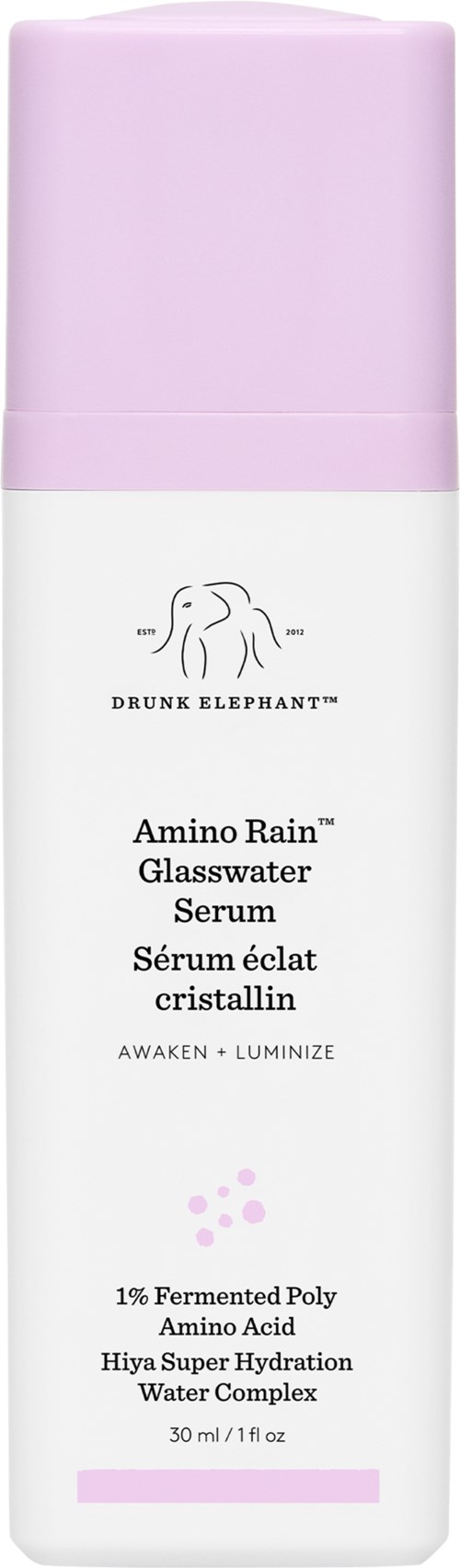 En hvit flaske med rosa topp merket Drunk Elephant amino water serum, inneholder 1 % fermentert poly amino acid.