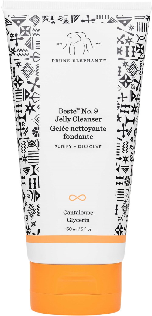 En sort-hvid tube med orange bund, mærket 'Beste No. 9 Jelly Cleanser' fra Drunk Elephant.