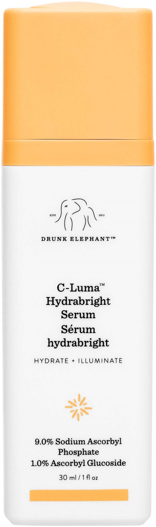 En hvit flaske med oransje hette, merket Drunk Elephant C-Luma Hydrabright Serum, 30 ml, for hudfuktighet og lysstyrke.