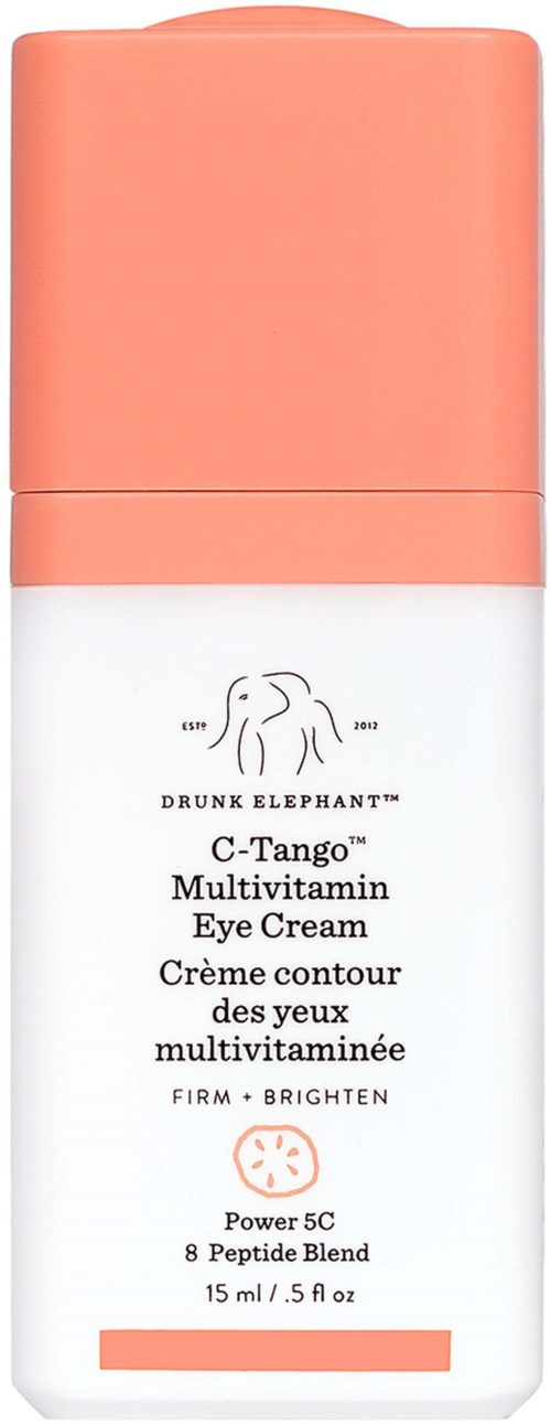 En hvit og rosa flaske med øyekrem kalt Drunk Elephant C-Tango Multivitamin Eye Cream.