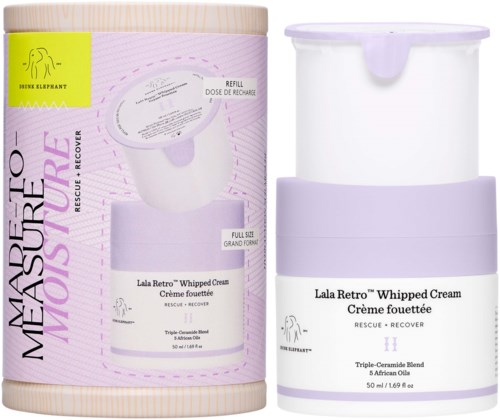Lala Retro piskekrem i et glass med lilla lokk og hvit etikett med produktnavn og ingredienser.