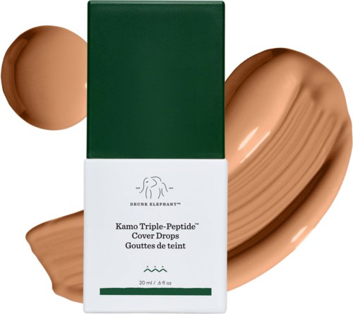 Grön och vit ask med Kamo Triple-Peptide Cover Drops och en rand av beige foundation bredvid.