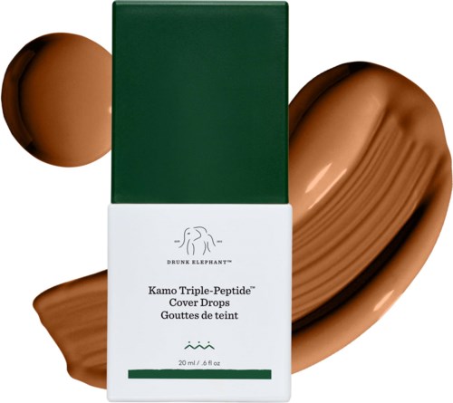 Tom grön och vit box från Drunk Elephant Kamo Triple-Peptide Cover Drops med testad foundation.