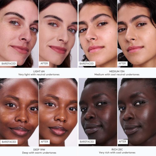 Afbeeldingen met voor- en na-foto's van make-up voor verschillende huidtinten en ondertonen.