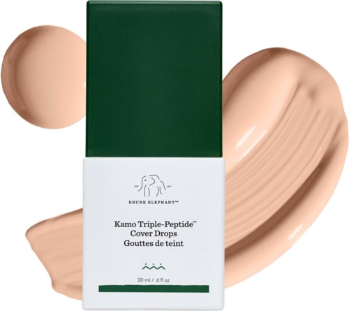 Kamo Triple-Peptide Cover Drops i grönt och vitt förpackning med ett prov av beige vätska.