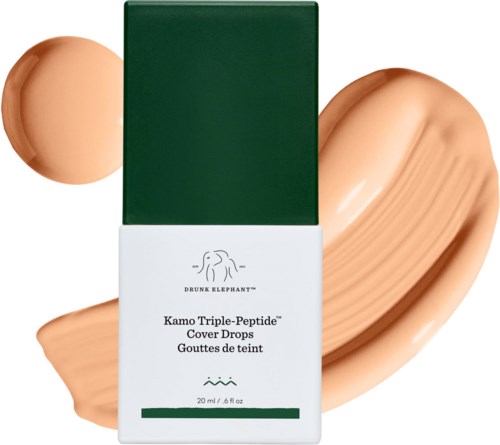 Grön och vit förpackning av Kamo Triple-Peptide Cover Drops med beige kräm swatchad.