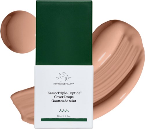 Förpackning för Kamo Triple-Peptide Cover Drops med beige likörswatch bakom.