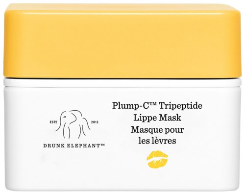 En hvit krukke med gul lokk for leppebehandling, merket Drunk Elephant Plump-C™ Tripeptide Lippe Mask.