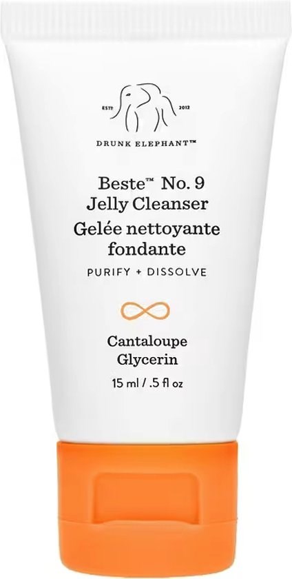 En hvid tube med orange låg, mærket 'Drunk Elephant', 'Jelly Cleanser' og ingredienser som kaktus og glycerin.