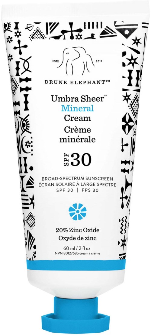 En solkremtube merket Drunk Elephant Umbra Sheer Mineral Cream SPF 30 med blå detaljer og symboler rundt etiketten.