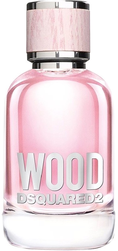 Rosa parfymeflaske med sølvhette og stor hvit tekst som sier "WOOD DSQUARED2".