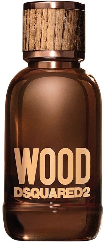 En brun parfymeflaske med et trelokk og fet hvit tekst som sier 'WOOD DSQUARED2' på forsiden.
