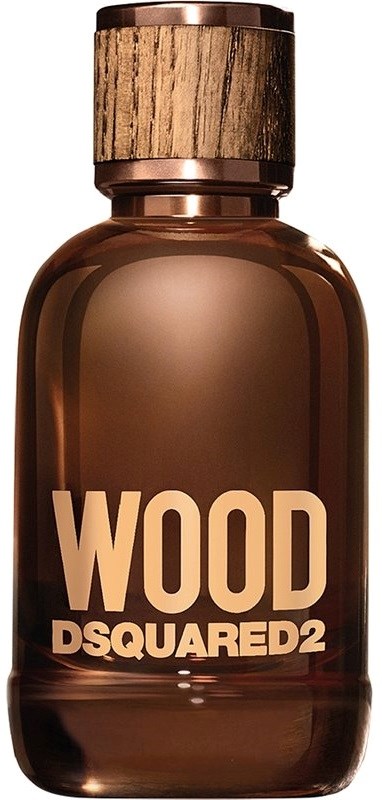 En brun parfymeflaske med et trelokk og ordene 'WOOD DSQUARED2' foran.