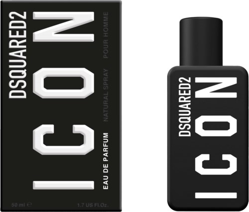 En svart parfymlåda och flaska med tjocka vita bokstäver som stavar 'ICON' och märkesnamn DSQUARED2.
