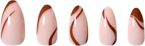 Nail designs with pink base and brown wavy lines on each nail, showing gradual change from simple to complex patterns.
