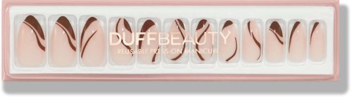 Set of artificial nails with a pink base and brown swirl designs.