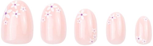 A set of five artificial fingernails painted in a light pink color with small white and purple flowers.