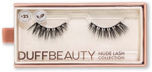 Sztuczne rzęsy w pudełku oznaczonym 'DUFFBEAUTY NUDE LASH COLLECTION' z cechami wegańskimi i +25.