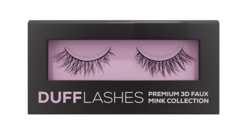 Box med rosa bakgrund visar svarta falska fransar, märkt DufLashes, premium 3D mink-kollektion.