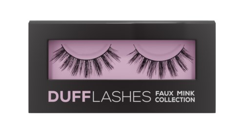 Falska ögonfransar i ett paket, rosa bakgrund, svarta fransar, varumärkesnamn DUFF LASHES.