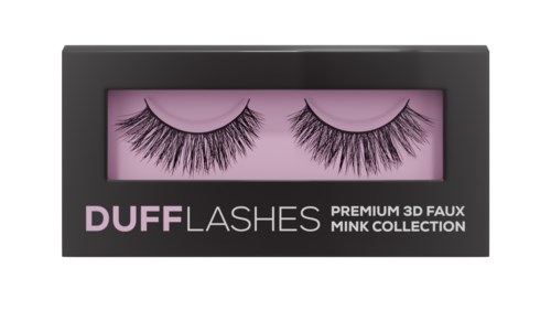 Svart box med rosa inuti, visar ett par långa singelfransar, märkt DUFF LASHES, mink-kollektionen.