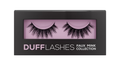Svart box med rosa bakgrund visar falska minkfransar från DUFF LASHES-kollektionen.