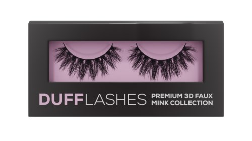 En svart låda innehåller rosa display av svarta falska ögonfransar märkt DUFF LASHES, premium 3D faux mink collection.