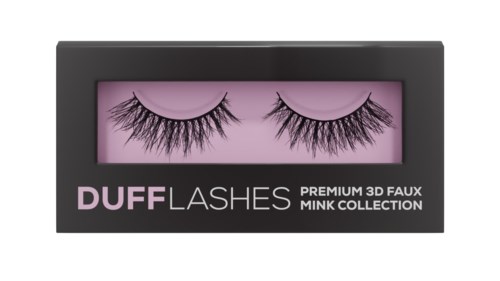 Rosa felfransar i ett förpackning märkt DUFF LASHES, premium 3D mink collection.