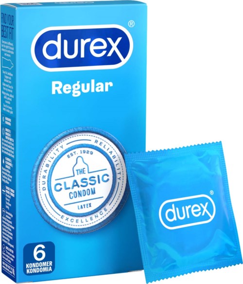 Blauwe doos Durex-condoom met één condoom buiten, tekst benadrukt comfort en betrouwbaarheid.