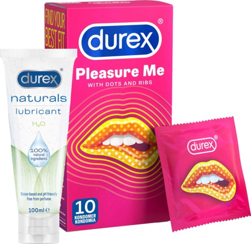 Een roze doos Durex condooms met lippenontwerp, een roze condoomverpakking en een glijmiddel.