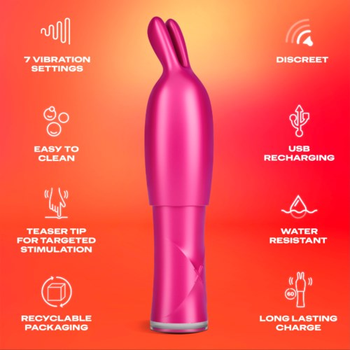 Roze konijnvormig apparaat met 7 vibratie-instellingen, discreet, makkelijk schoon te maken, USB-oplaadbaar, waterbestendig, lange accu, gerichte stimulatie, recyclebare verpakking.