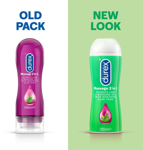 Gammalt paket till vänster, ny design till höger för Durex massagegel med aloe vera, 200 ml.