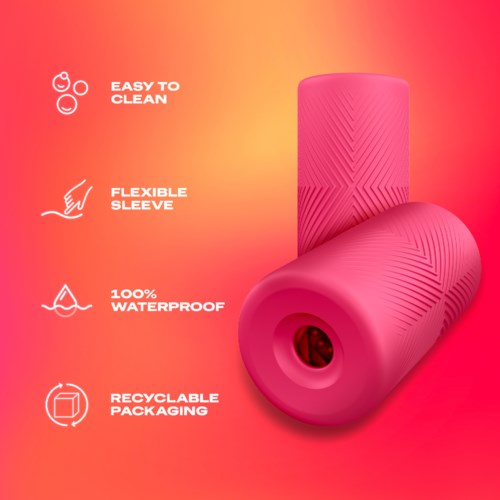 Roze schuimroller met texturen, die voordelen benadrukt zoals gemakkelijk schoon te maken, flexibel, waterdicht en recycleerbare verpakking.