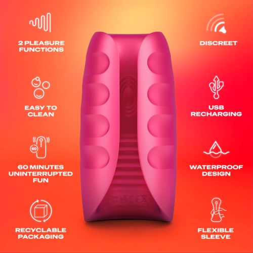 Roze apparaat met functies zoals pleasure functies, makkelijk schoon te maken, waterdicht, USB op te laden, flexibele sleeve en discreet ontwerp.