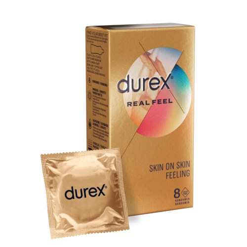 Durex condoomdoos met één condoom voorop, doos goudkleurig met kleurrijk cirkelontwerp en tekst "skin on skin feeling."